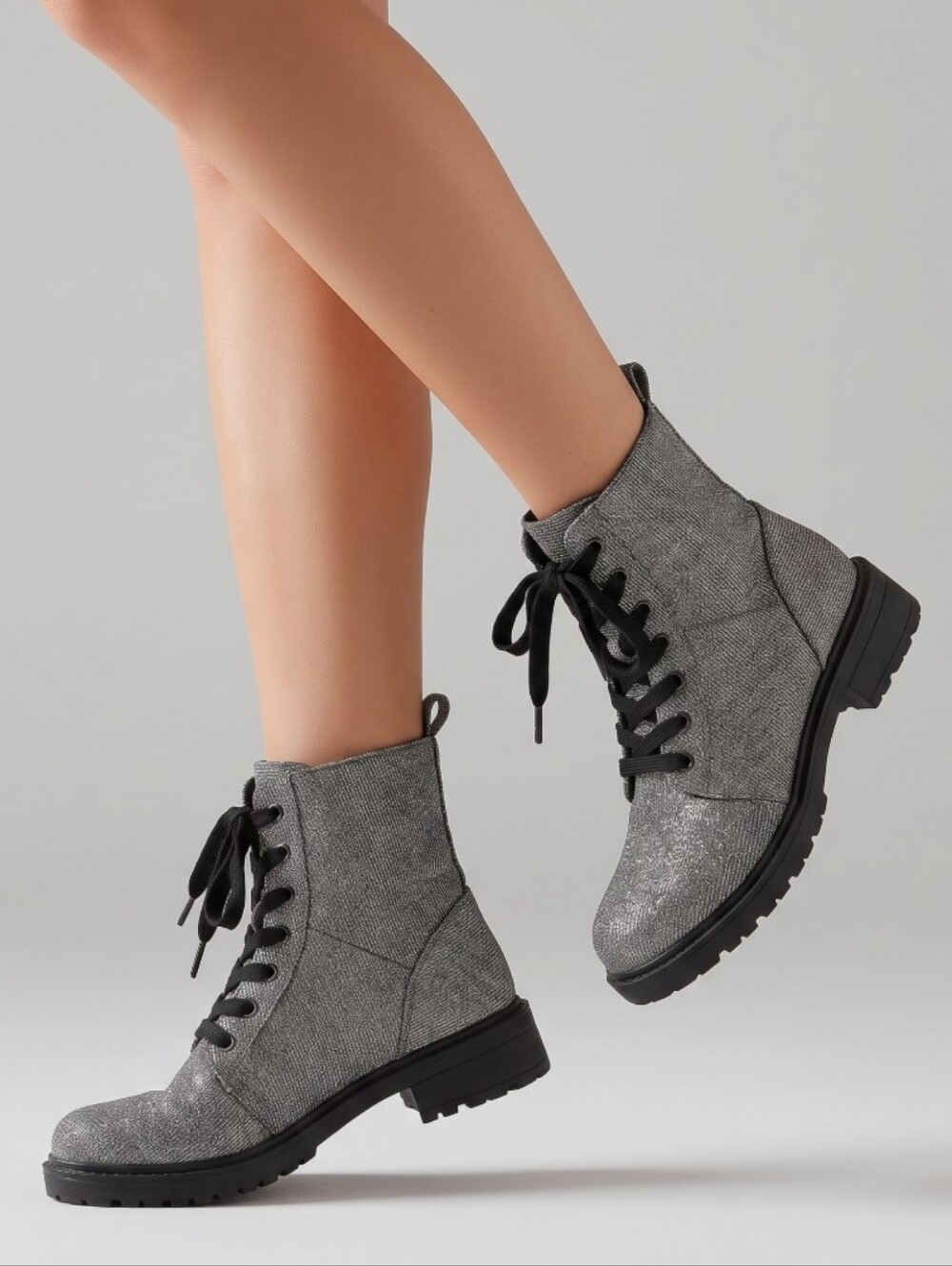 QUPID Sparkle Gray Lace-Up Women's Combat Boots Women's Size 5.5